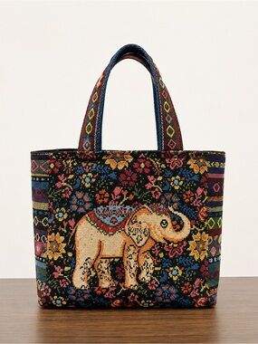 Thai Elephant Woven Tote Bag | Handmade Tapestry Floral Shoulder Bag